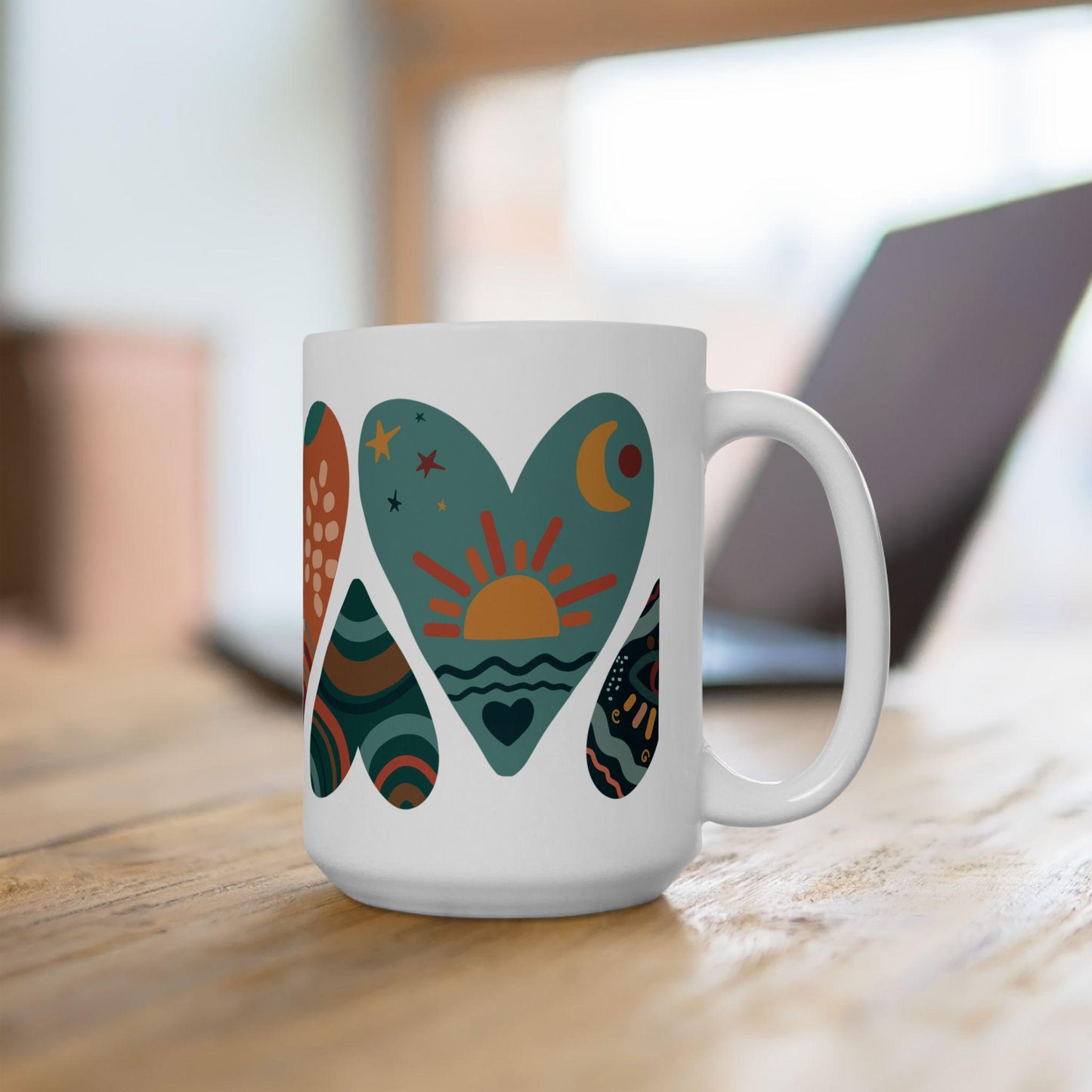 ColorFlow | Boho Hearts Mug | 15oz Ceramic Coffee Cup with Abstract Art Design | Hippie Aesthetic Gift for Her