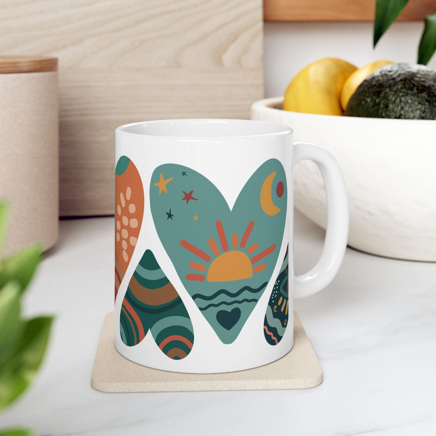 ColorFlow | Boho Hearts Mug | 15oz Ceramic Coffee Cup with Abstract Art Design | Hippie Aesthetic Gift for Her