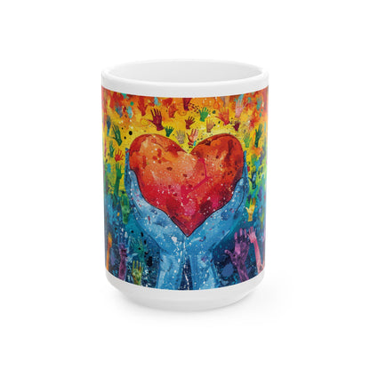 ColorFlow | Heart of Pride Art Mug | Rainbow Hands Coffee Cup | 15 oz Ceramic Mug | Love Unity Kindness Gift