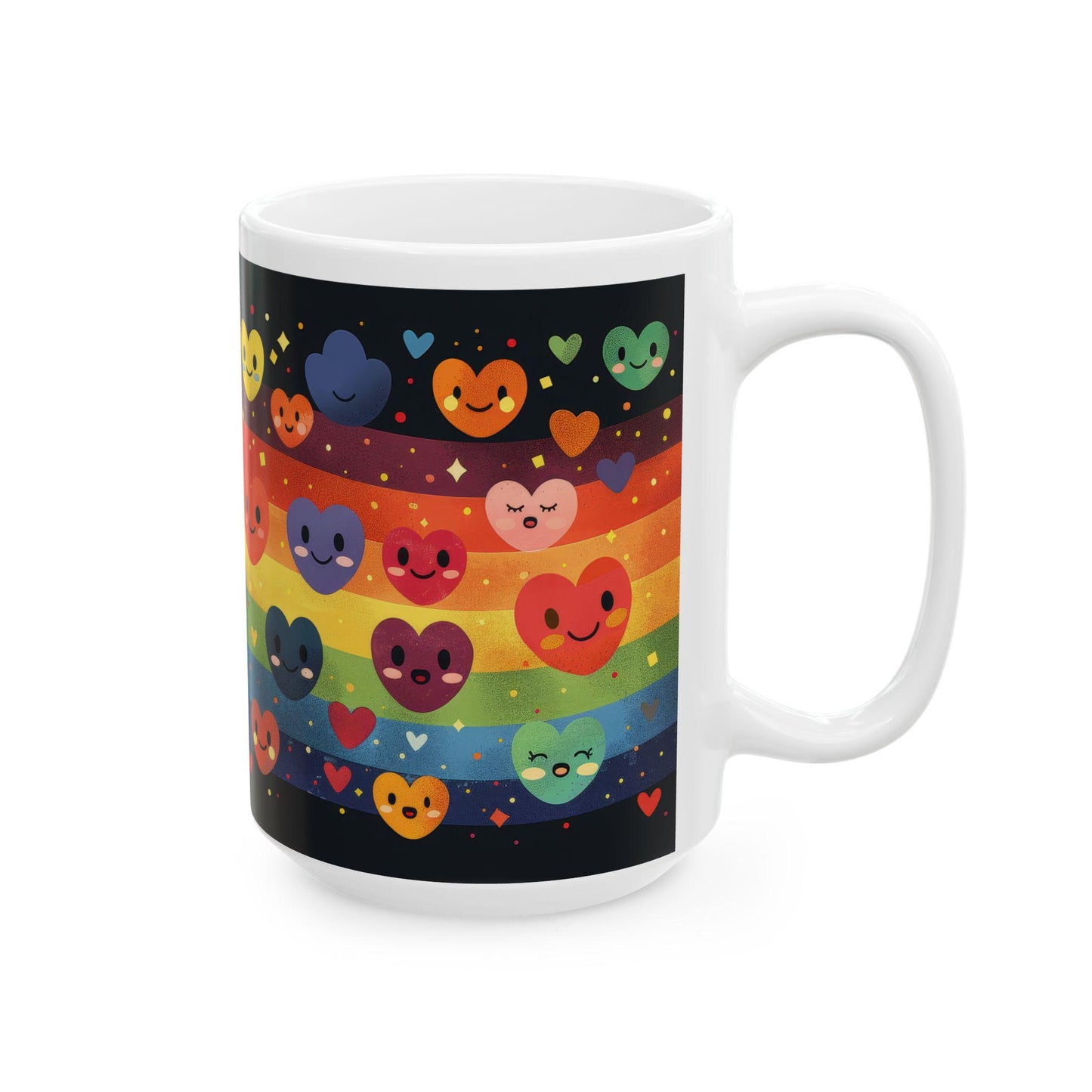 ColorFlow | Rainbow Hearts Smile Mug | Joyful Pride Coffee Cup | 15 oz Ceramic Mug | Cute Colorful Gift for All