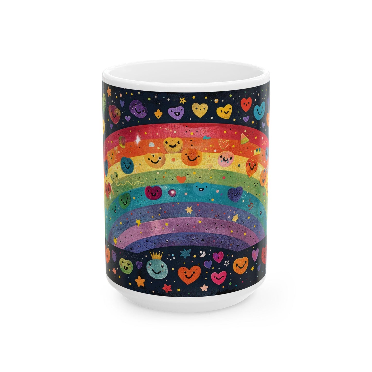 ColorFlow | Smiling Rainbow Universe Mug | Cute Heart Art Coffee Cup | 15 oz Ceramic Mug | Colorful Joy Gift