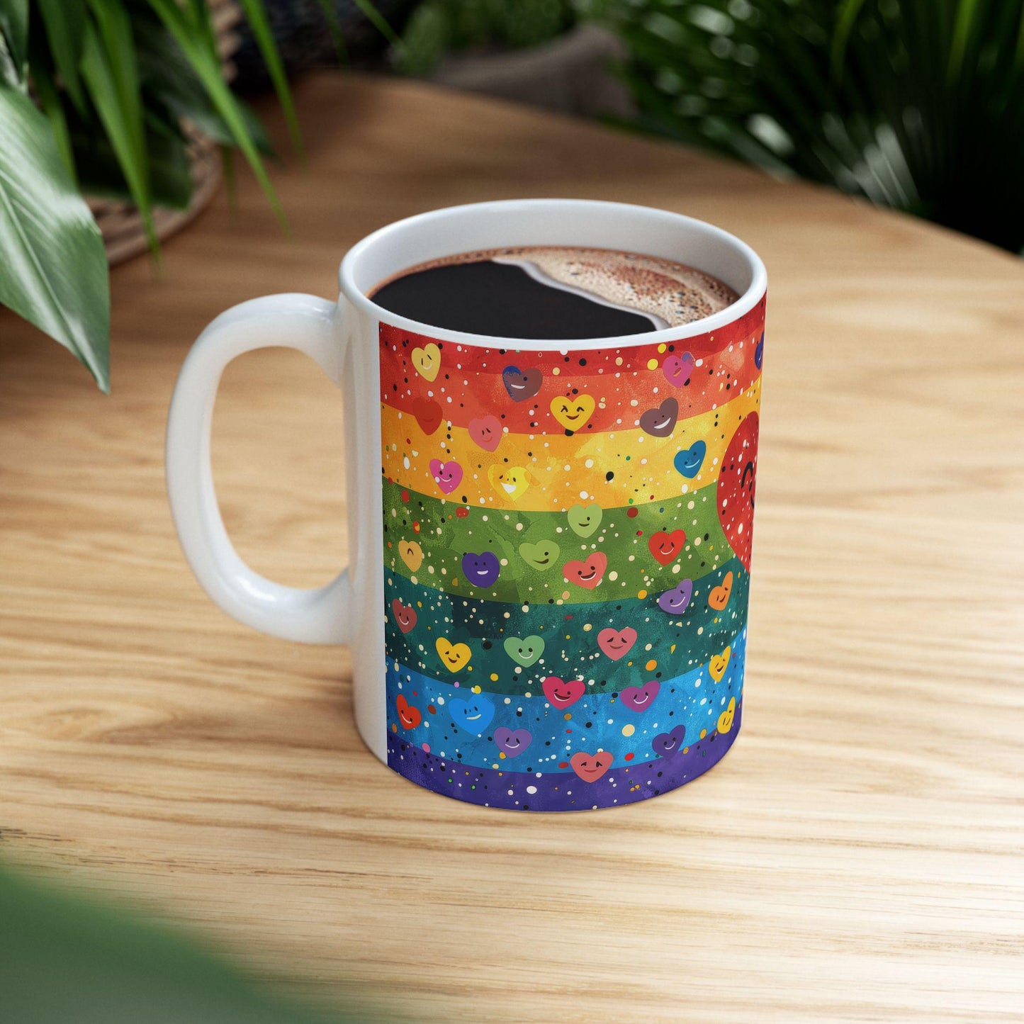 ColorFlow | Heart of Happiness Mug | Rainbow Smiles Coffee Cup | 15 oz Ceramic Mug | Joyful Art Gift for All