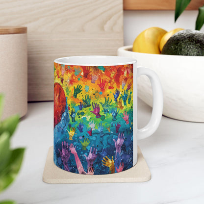 ColorFlow | Heart of Pride Art Mug | Rainbow Hands Coffee Cup | 15 oz Ceramic Mug | Love Unity Kindness Gift