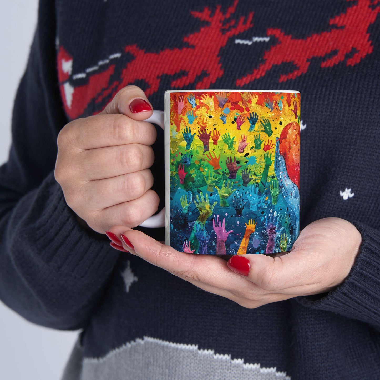 ColorFlow | Heart of Pride Art Mug | Rainbow Hands Coffee Cup | 15 oz Ceramic Mug | Love Unity Kindness Gift