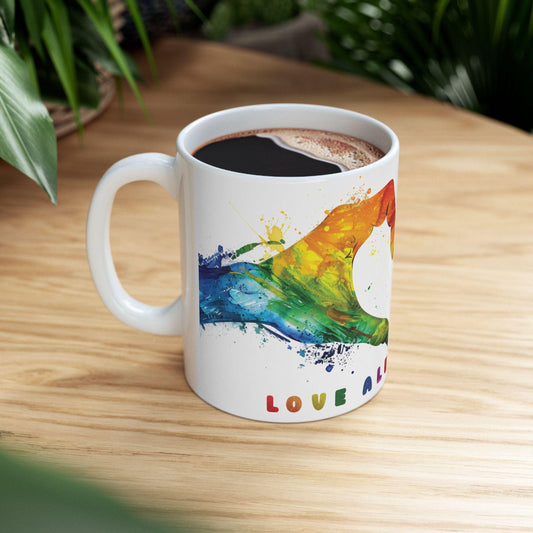ColorFlow | Love Always Wins Mug | Rainbow Hands Art Coffee Cup | 15 oz Ceramic Mug | Inspiring Gift for Love and Unity