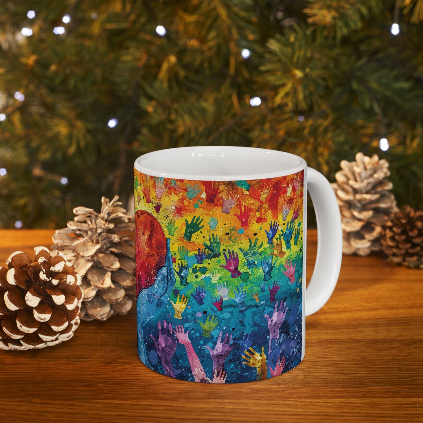 ColorFlow | Heart of Pride Art Mug | Rainbow Hands Coffee Cup | 15 oz Ceramic Mug | Love Unity Kindness Gift