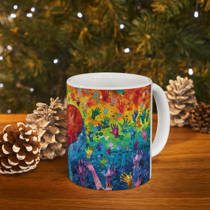 ColorFlow | Heart of Pride Art Mug | Rainbow Hands Coffee Cup | 15 oz Ceramic Mug | Love Unity Kindness Gift