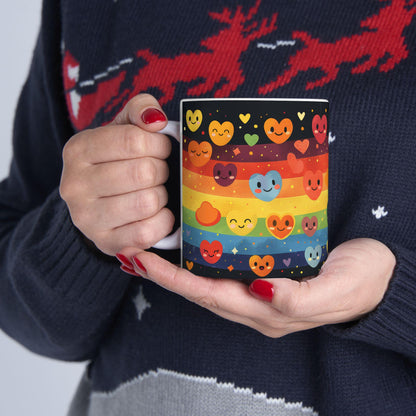 ColorFlow | Rainbow Hearts Smile Mug | Joyful Pride Coffee Cup | 15 oz Ceramic Mug | Cute Colorful Gift for All