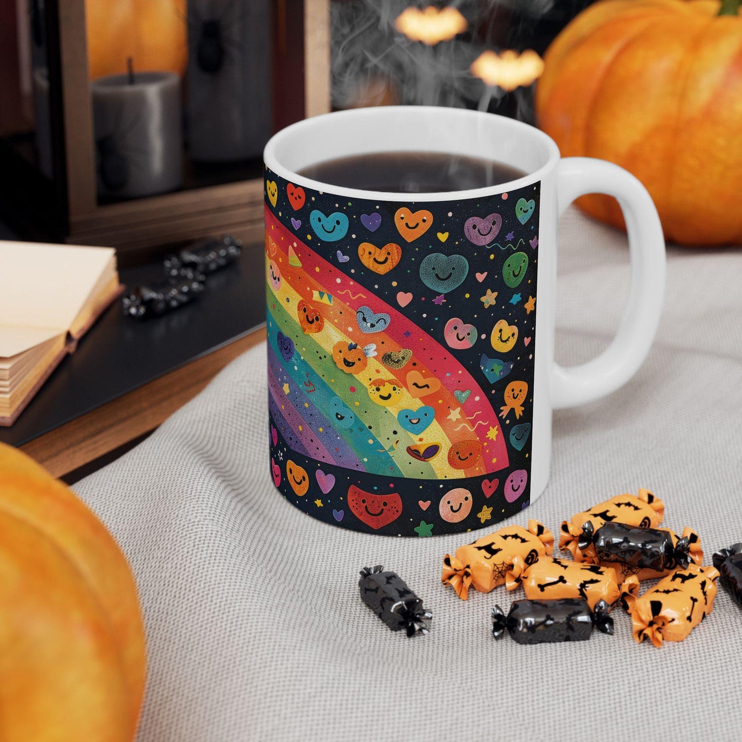 ColorFlow | Smiling Rainbow Universe Mug | Cute Heart Art Coffee Cup | 15 oz Ceramic Mug | Colorful Joy Gift