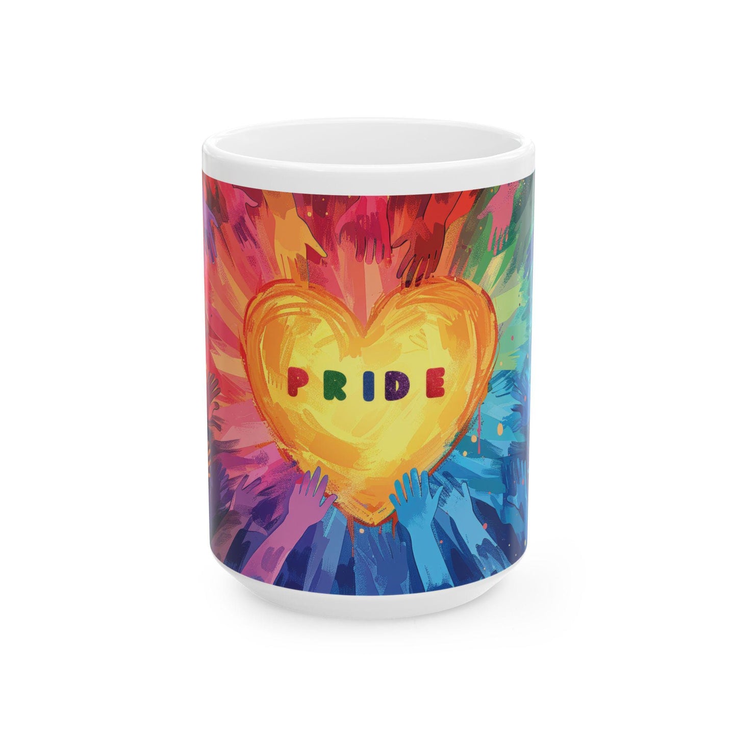 ColorFlow | Pride Heart Unity Mug | Rainbow Hands Art Coffee Cup | 15 oz Ceramic Mug | Empowering Love Gift