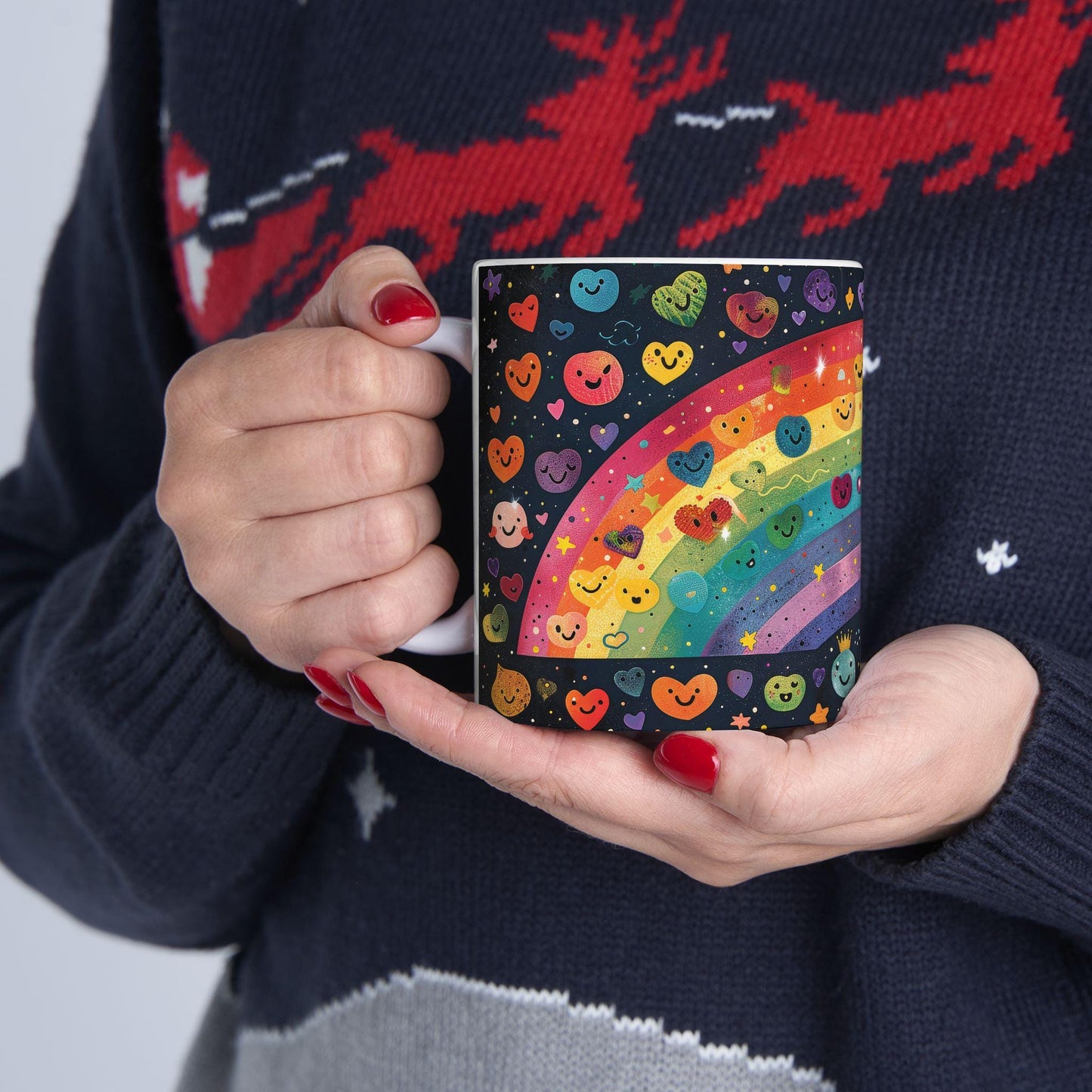 ColorFlow | Smiling Rainbow Universe Mug | Cute Heart Art Coffee Cup | 15 oz Ceramic Mug | Colorful Joy Gift