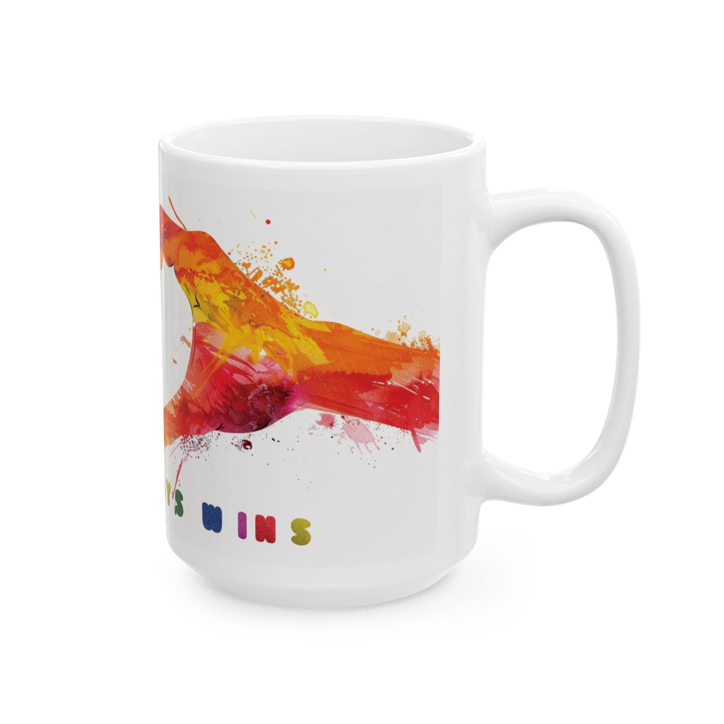 ColorFlow | Love Always Wins Mug | Rainbow Hands Art Coffee Cup | 15 oz Ceramic Mug | Inspiring Gift for Love and Unity