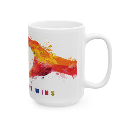 ColorFlow | Love Always Wins Mug | Rainbow Hands Art Coffee Cup | 15 oz Ceramic Mug | Inspiring Gift for Love and Unity