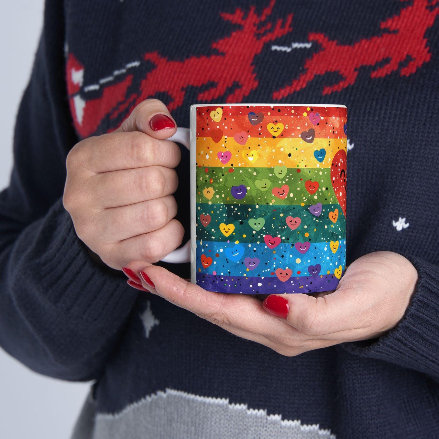 ColorFlow | Heart of Happiness Mug | Rainbow Smiles Coffee Cup | 15 oz Ceramic Mug | Joyful Art Gift for All