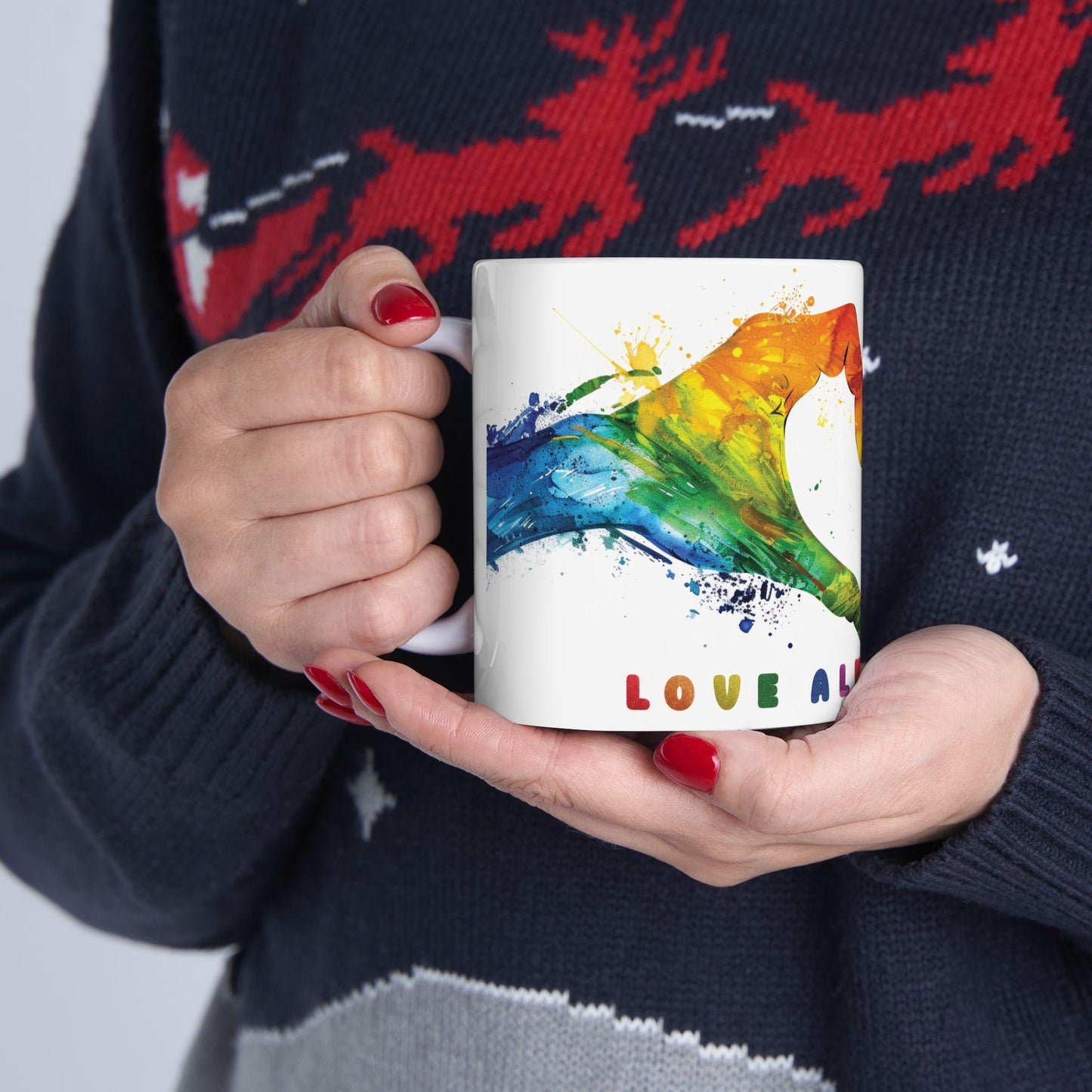 ColorFlow | Love Always Wins Mug | Rainbow Hands Art Coffee Cup | 15 oz Ceramic Mug | Inspiring Gift for Love and Unity