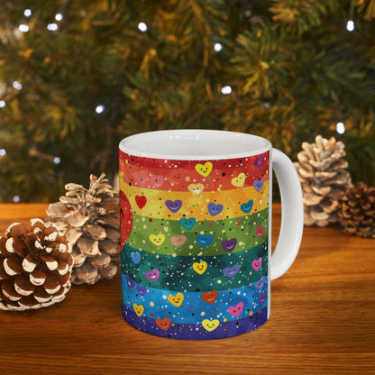 ColorFlow | Heart of Happiness Mug | Rainbow Smiles Coffee Cup | 15 oz Ceramic Mug | Joyful Art Gift for All