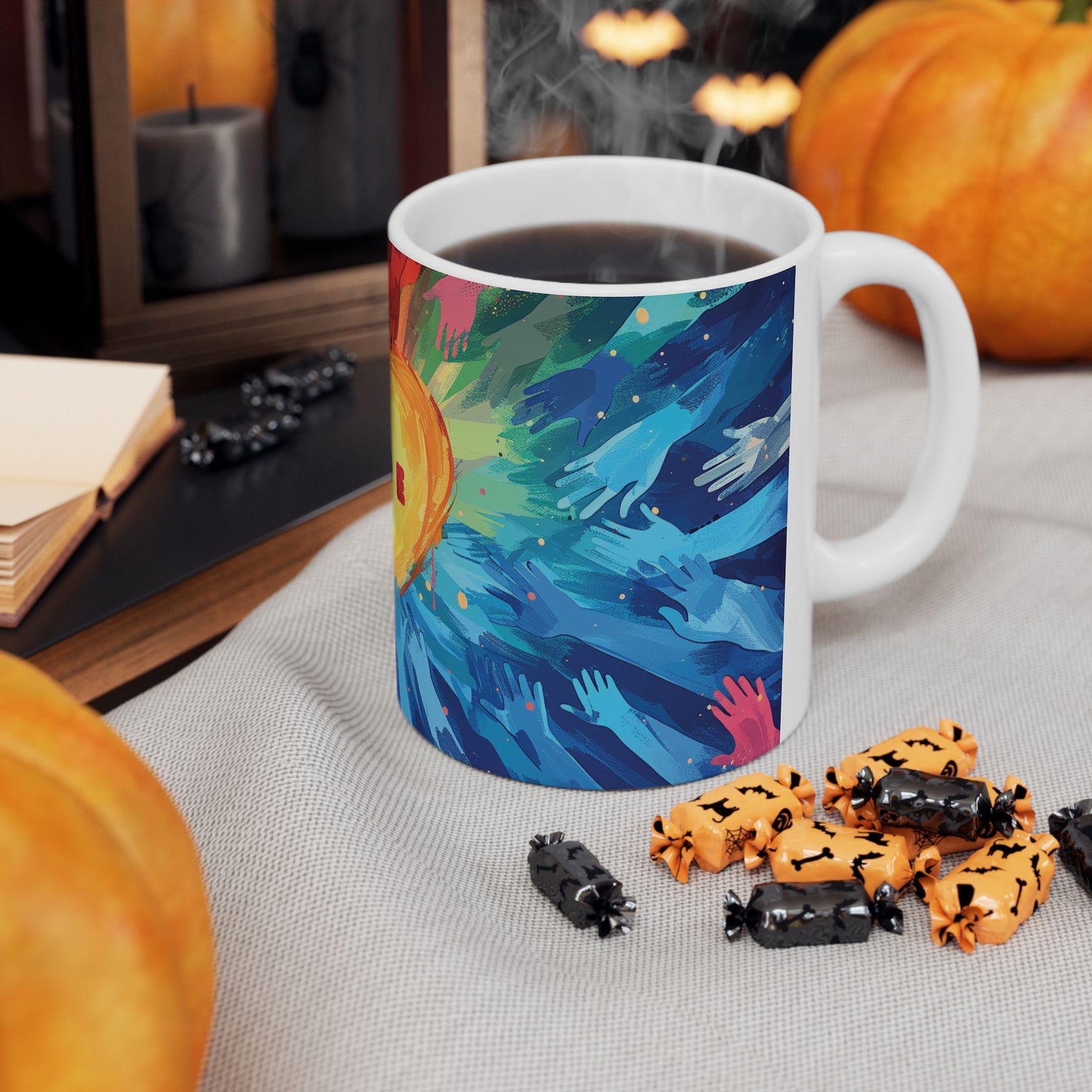 ColorFlow | Pride Heart Unity Mug | Rainbow Hands Art Coffee Cup | 15 oz Ceramic Mug | Empowering Love Gift