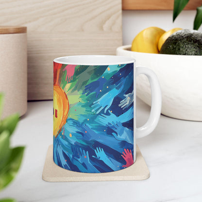 ColorFlow | Pride Heart Unity Mug | Rainbow Hands Art Coffee Cup | 15 oz Ceramic Mug | Empowering Love Gift