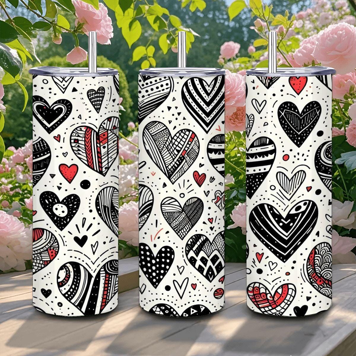 ColorFlow | Hand Drawn Hearts Doodle Tumbler | 20oz Stainless Steel Tumbler with Straw | Love Heart Art Gift Mug