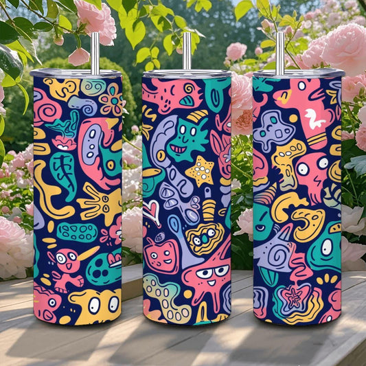 ColorFlow | Cute Doodle Creatures Tumbler | 20oz Stainless Steel Tumbler with Straw | Fun Cartoon Art Mug
