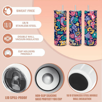 ColorFlow | Cute Doodle Creatures Tumbler | 20oz Stainless Steel Tumbler with Straw | Fun Cartoon Art Mug