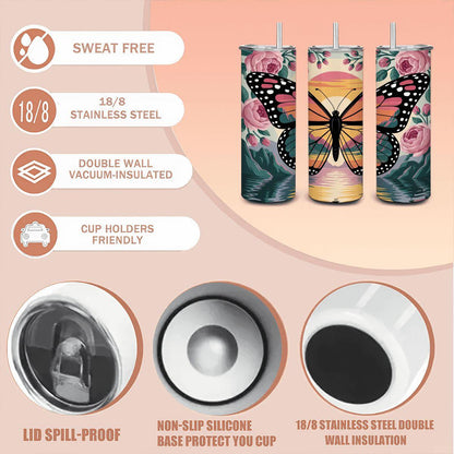ColorFlow | Sunset Monarch 20oz Stainless Steel Tumbler with Straw | Floral Butterfly Insulated Travel Mug | Art Reusable Cup