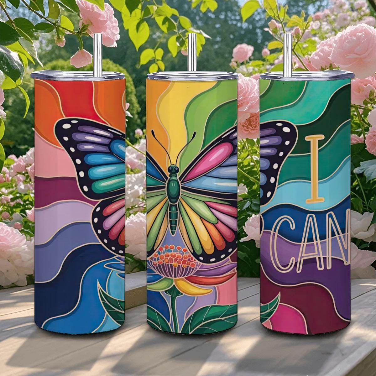 ColorFlow | I Can Rainbow Butterfly 20oz Stainless Steel Tumbler with Straw | Motivational Art Travel Mug | Reusable Cup