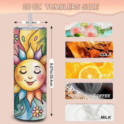 ColorFlow | Sunshine Bloom 20oz Stainless Steel Tumbler with Straw | Happy Sun Rainbow Art Travel Mug | Floral Reusable Cup