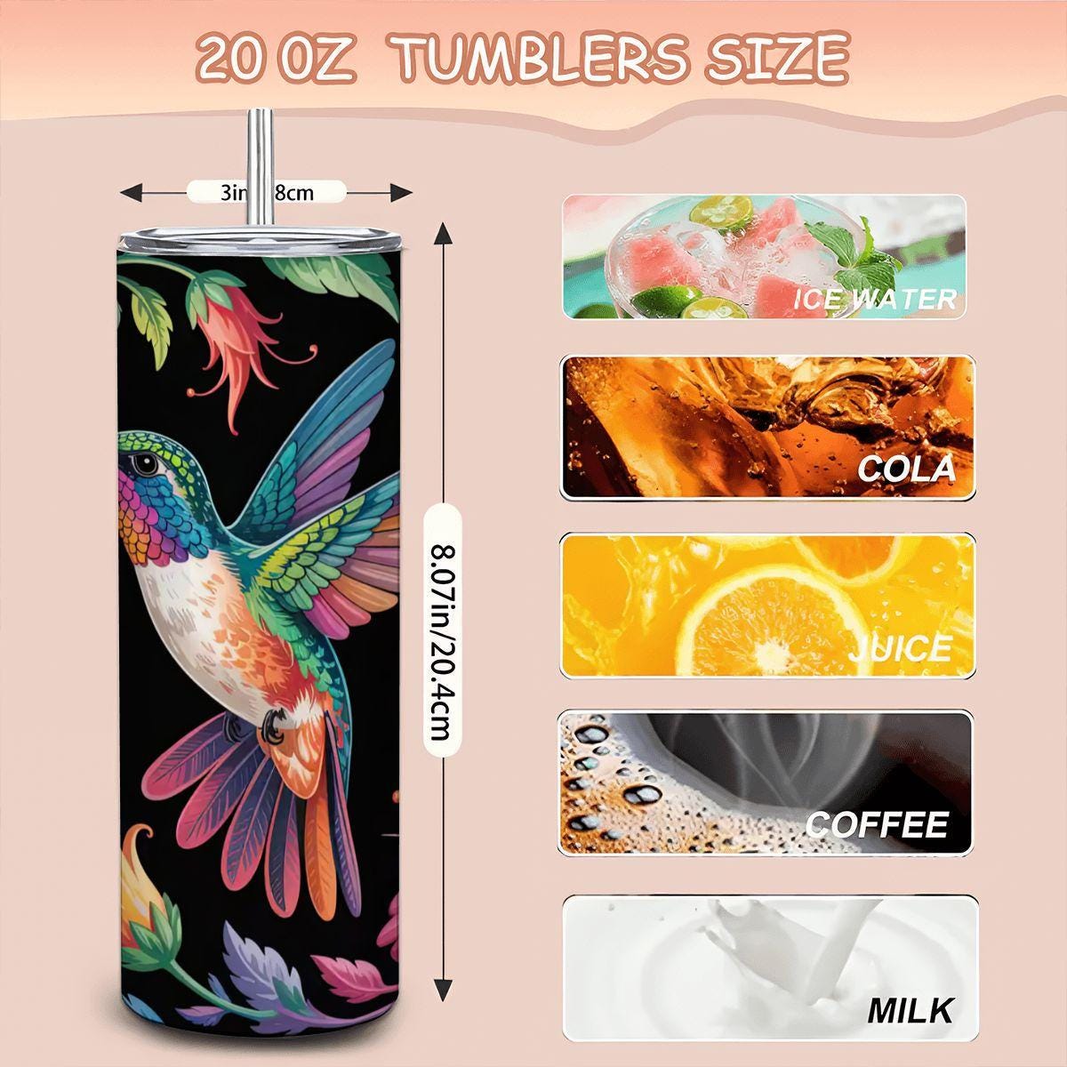 ColorFlow | Hummingbird Blossom 20oz Stainless Steel Tumbler with Straw | Colorful Floral Art Travel Mug | Reusable Cup