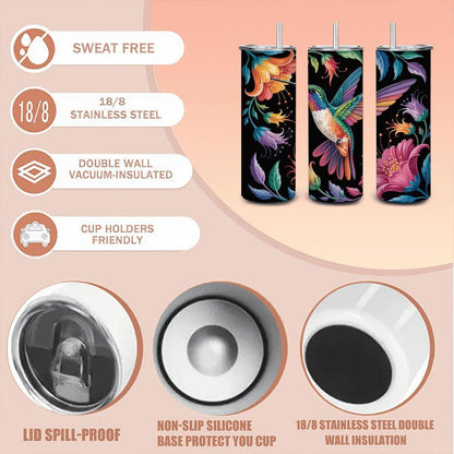 ColorFlow | Hummingbird Blossom 20oz Stainless Steel Tumbler with Straw | Colorful Floral Art Travel Mug | Reusable Cup