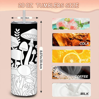ColorFlow | Whimsical Mushroom 20oz Stainless Steel Tumbler with Straw | Boho Forest Art Mug | Fungi Nature Reusable Cup