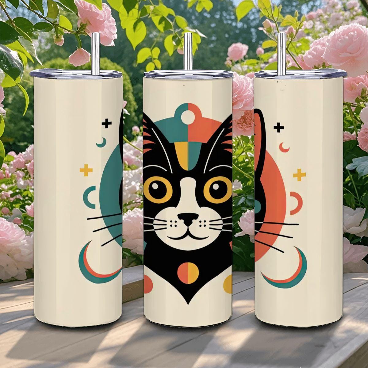 ColorFlow | Geometric Cat 20oz Stainless Steel Tumbler with Straw | Modern Cat Art Mug | Cute Animal Lover Reusable Cup