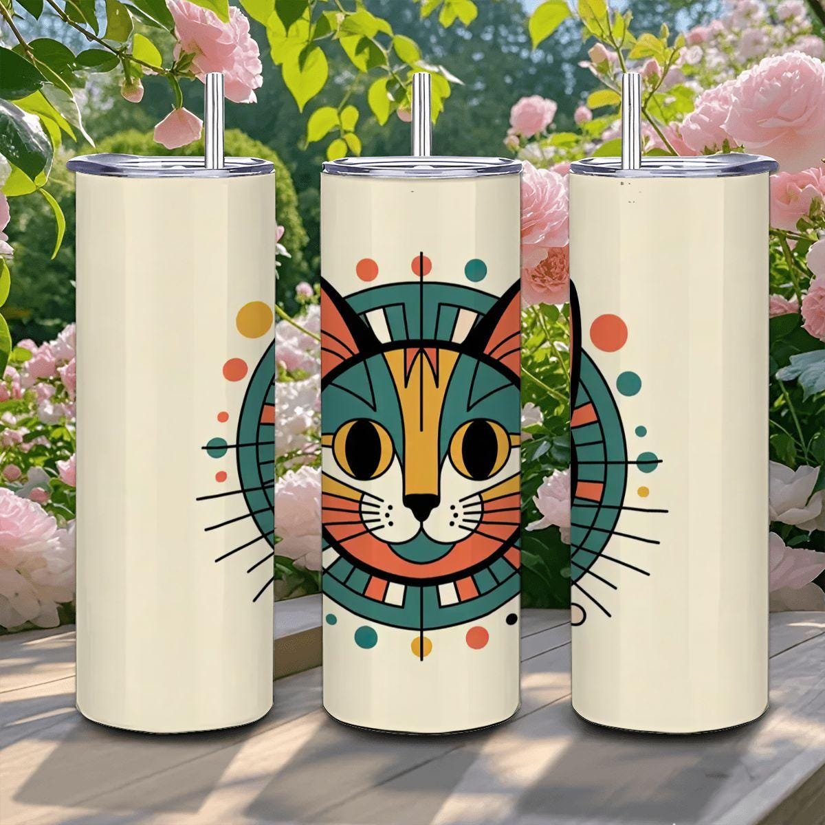 ColorFlow | Modern Orange Cat 20oz Stainless Steel Tumbler with Straw | Abstract Cat Art Mug | Cute Animal Reusable Cup