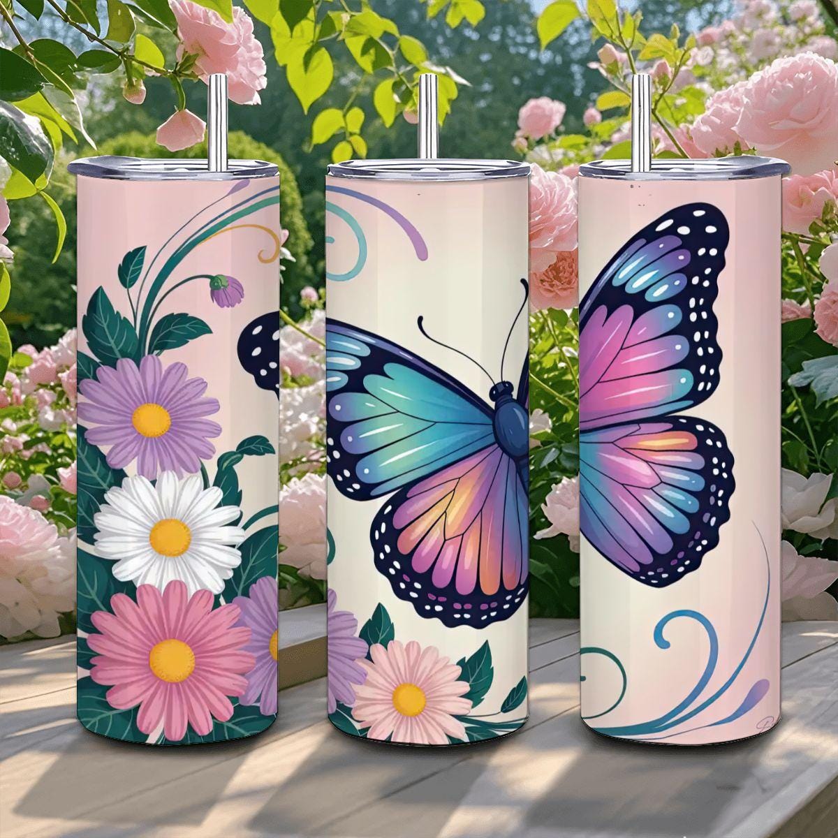 ColorFlow | Dreamscape Butterfly Garden Tumbler | 20oz Stainless Steel Insulated Mug with Straw | Floral Art Travel Cup