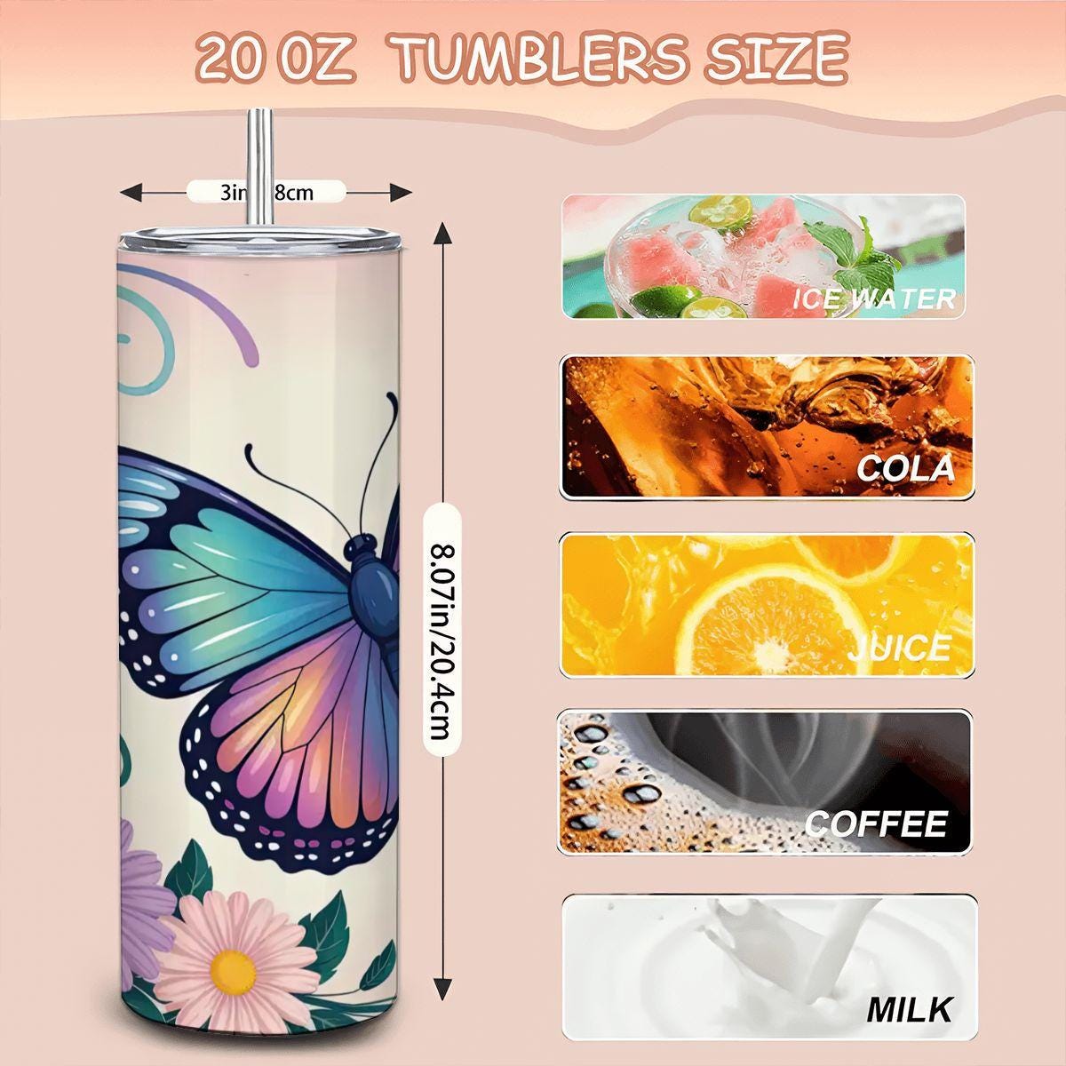 ColorFlow | Dreamscape Butterfly Garden Tumbler | 20oz Stainless Steel Insulated Mug with Straw | Floral Art Travel Cup