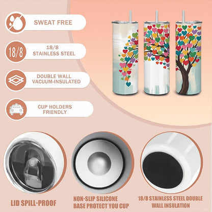 ColorFlow | Heartful Harmony Tree Tumbler | 20oz Stainless Steel Insulated Mug with Straw | Colorful Love Art Travel Cup