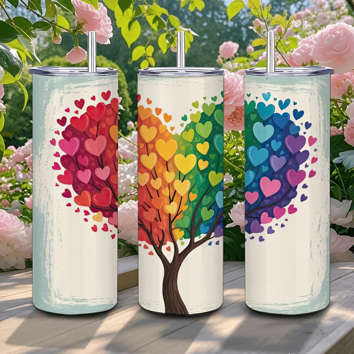 ColorFlow | Rainbow Love Heart Tree Tumbler | 20oz Stainless Steel Insulated Mug with Straw | Pride Art Gift Travel Cup
