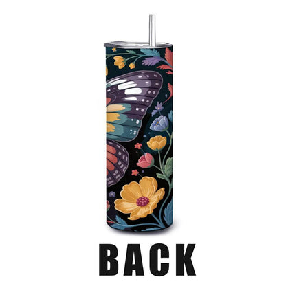 ColorFlow | Moonlit Midnight Butterfly Tumbler | 20oz Stainless Steel Floral Travel Mug with Straw | Night Garden Art Cup