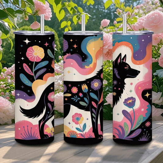 ColorFlow | Wildflower Spirit Wolf Tumbler | 20oz Stainless Steel Insulated Mug with Straw | Boho Animal Art Travel Cup