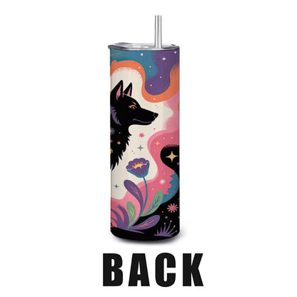 ColorFlow | Wildflower Spirit Wolf Tumbler | 20oz Stainless Steel Insulated Mug with Straw | Boho Animal Art Travel Cup