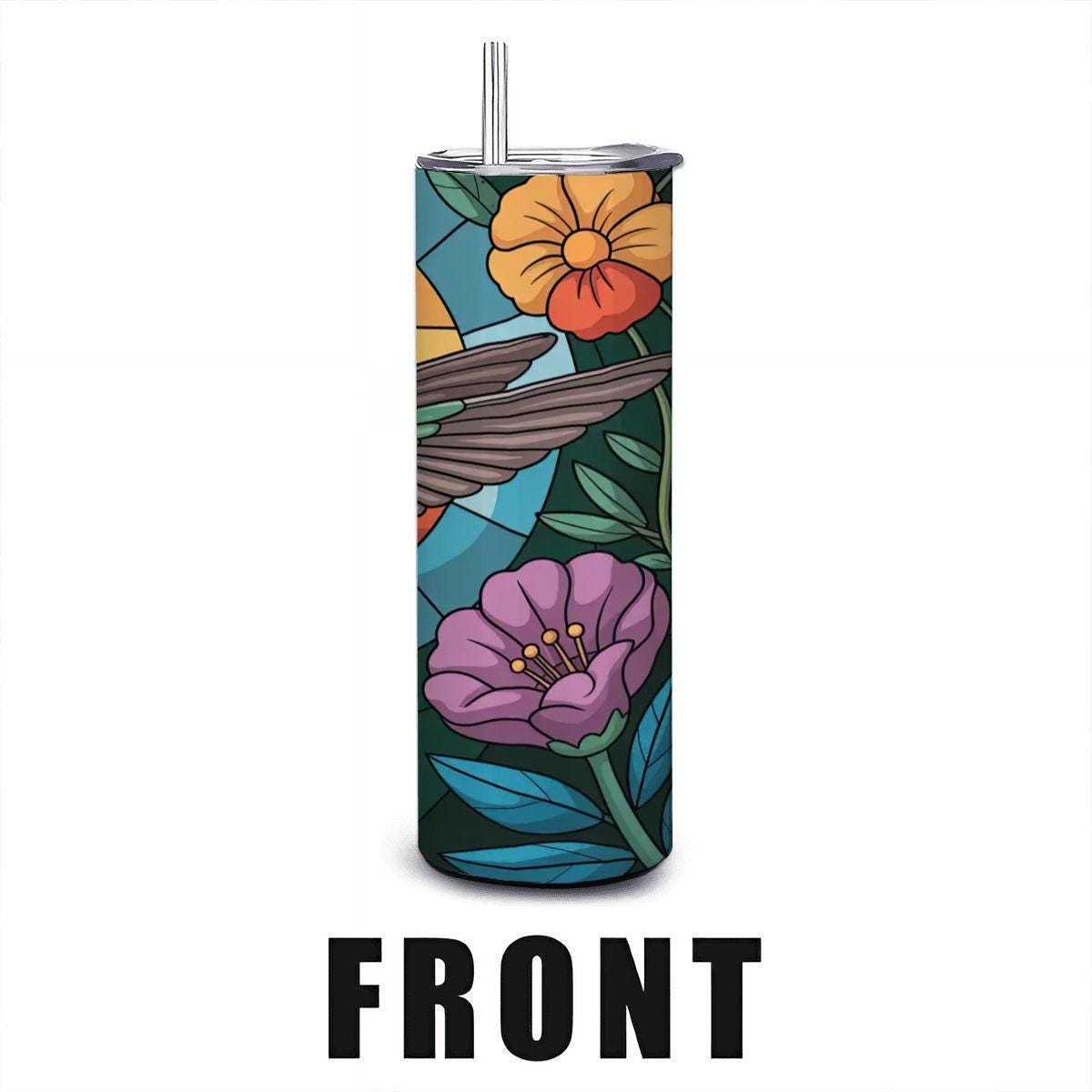 ColorFlow | Stained Glass Hummingbird Tumbler | 20oz Stainless Steel Floral Mug with Straw | Vibrant Bird Art Travel Cup