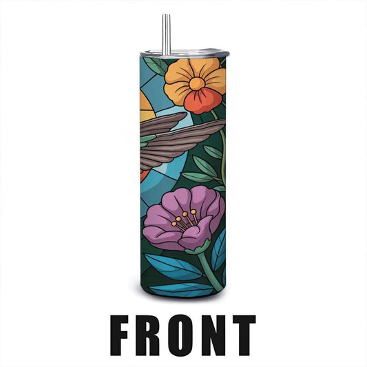 ColorFlow | Stained Glass Hummingbird Tumbler | 20oz Stainless Steel Floral Mug with Straw | Vibrant Bird Art Travel Cup