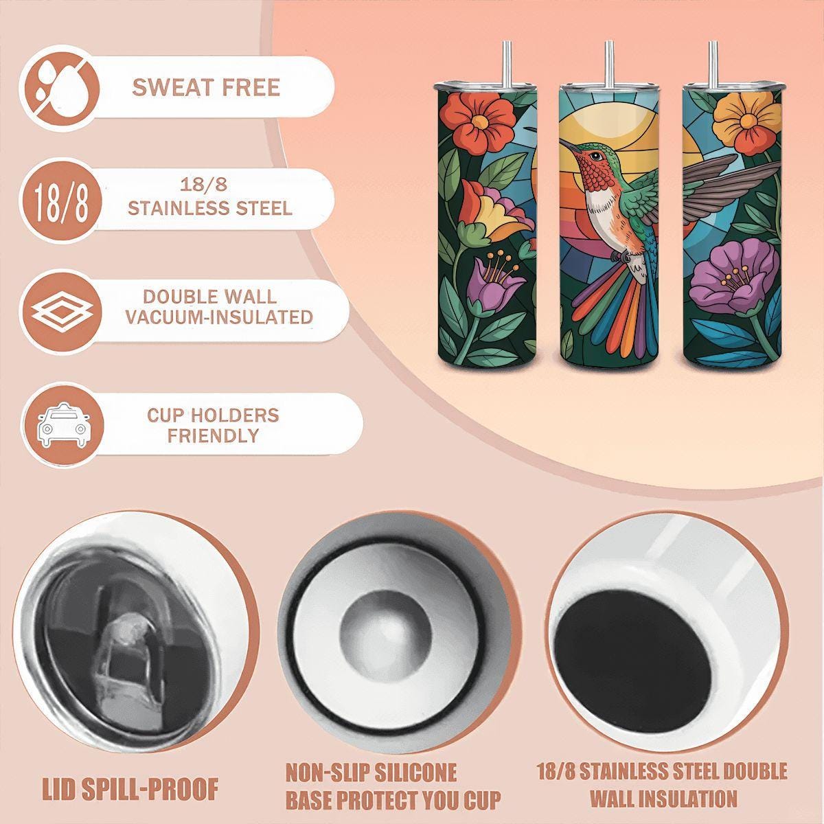 ColorFlow | Stained Glass Hummingbird Tumbler | 20oz Stainless Steel Floral Mug with Straw | Vibrant Bird Art Travel Cup