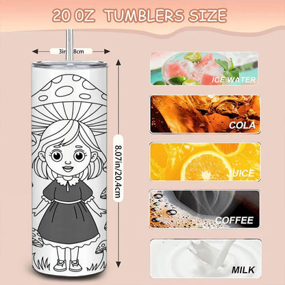 ColorFlow | Enchanted Mushroom Girl Tumbler | 20oz Stainless Steel Whimsical Mug with Straw | Fairy Forest Art Travel Cup