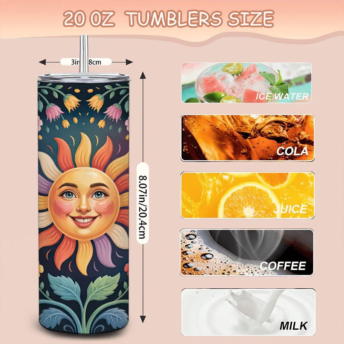 ColorFlow | Radiant Sun Garden Tumbler | 20oz Stainless Steel Floral Mug with Straw | Cheerful Boho Art Travel Cup Gift
