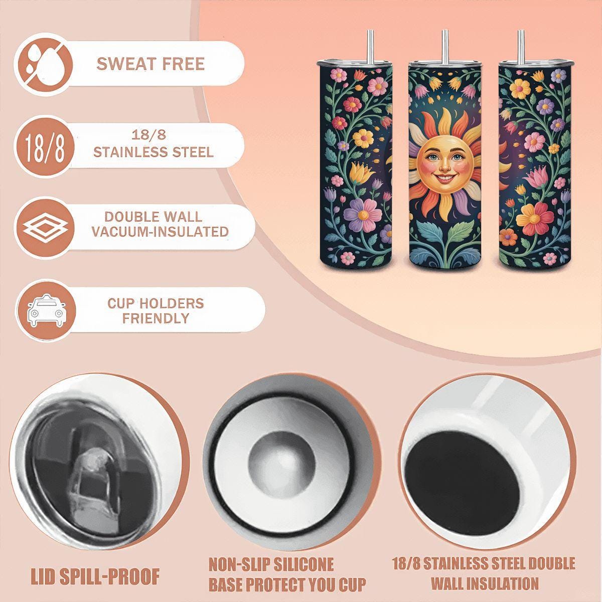 ColorFlow | Radiant Sun Garden Tumbler | 20oz Stainless Steel Floral Mug with Straw | Cheerful Boho Art Travel Cup Gift