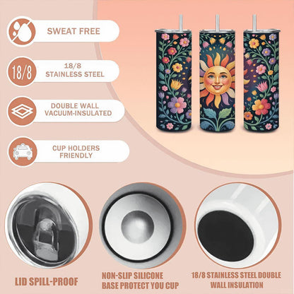 ColorFlow | Radiant Sun Garden Tumbler | 20oz Stainless Steel Floral Mug with Straw | Cheerful Boho Art Travel Cup Gift