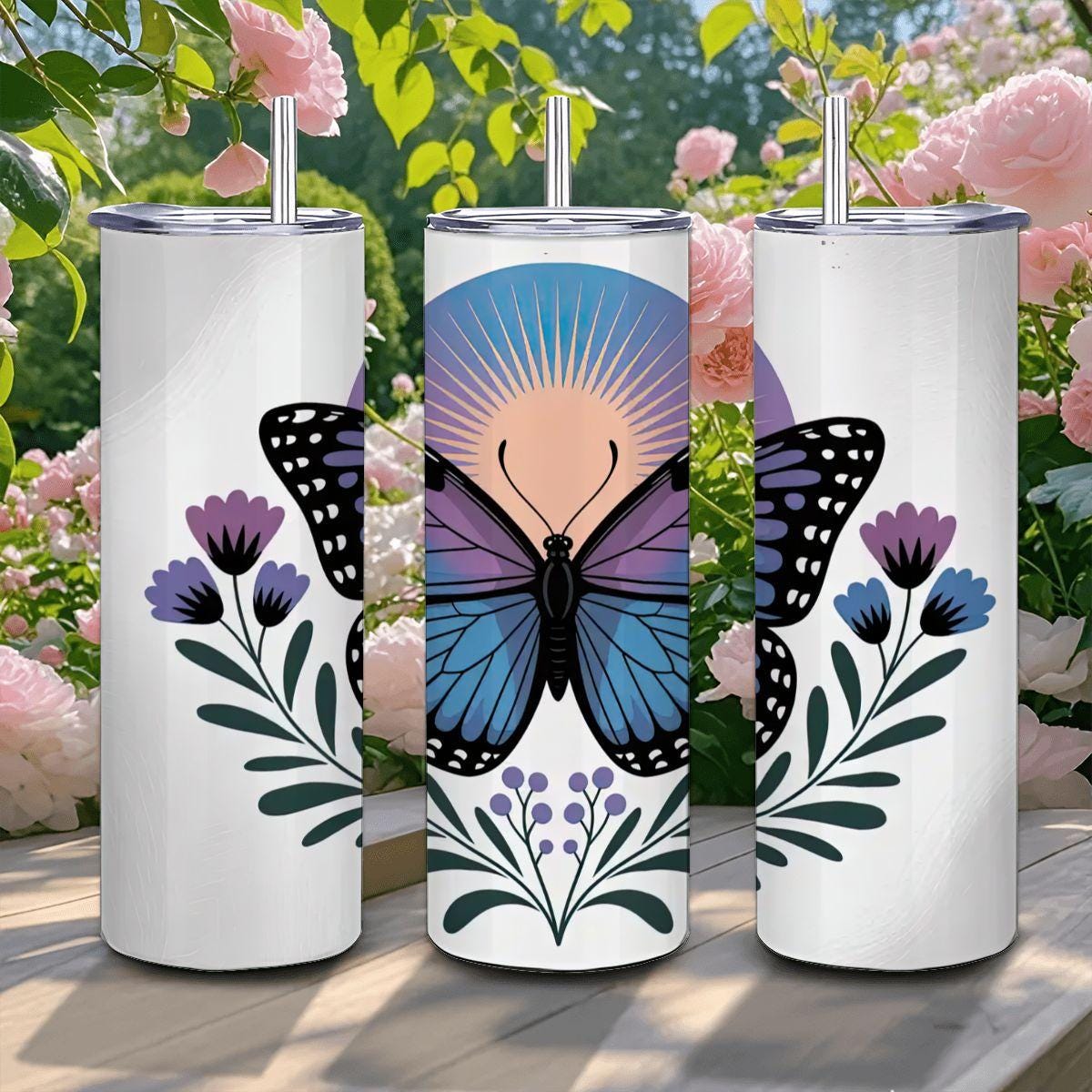 ColorFlow | Sunrise Monarch Butterfly Tumbler | 20oz Stainless Steel Floral Mug with Straw | Elegant Nature Art Travel Cup