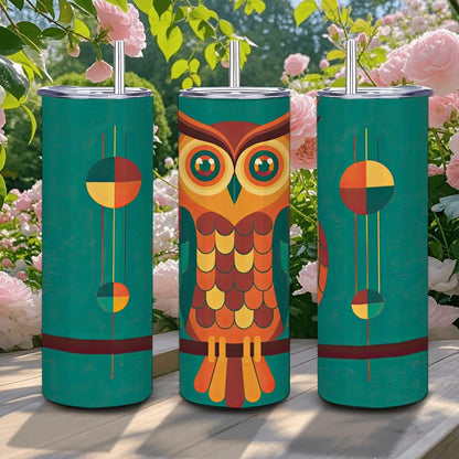 ColorFlow | Retro Owl Art 20oz Stainless Steel Tumbler with Straw | Insulated Travel Mug | Hot Cold Drinks | Unique Gift