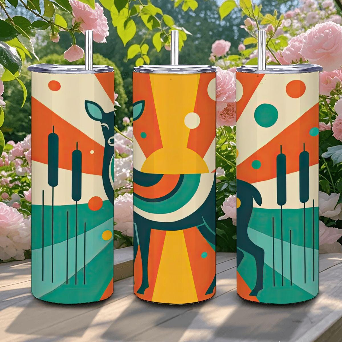 ColorFlow | Retro Sunrise Deer 20oz Stainless Steel Tumbler with Straw | Midcentury Art Mug | Insulated Travel Gift Cup